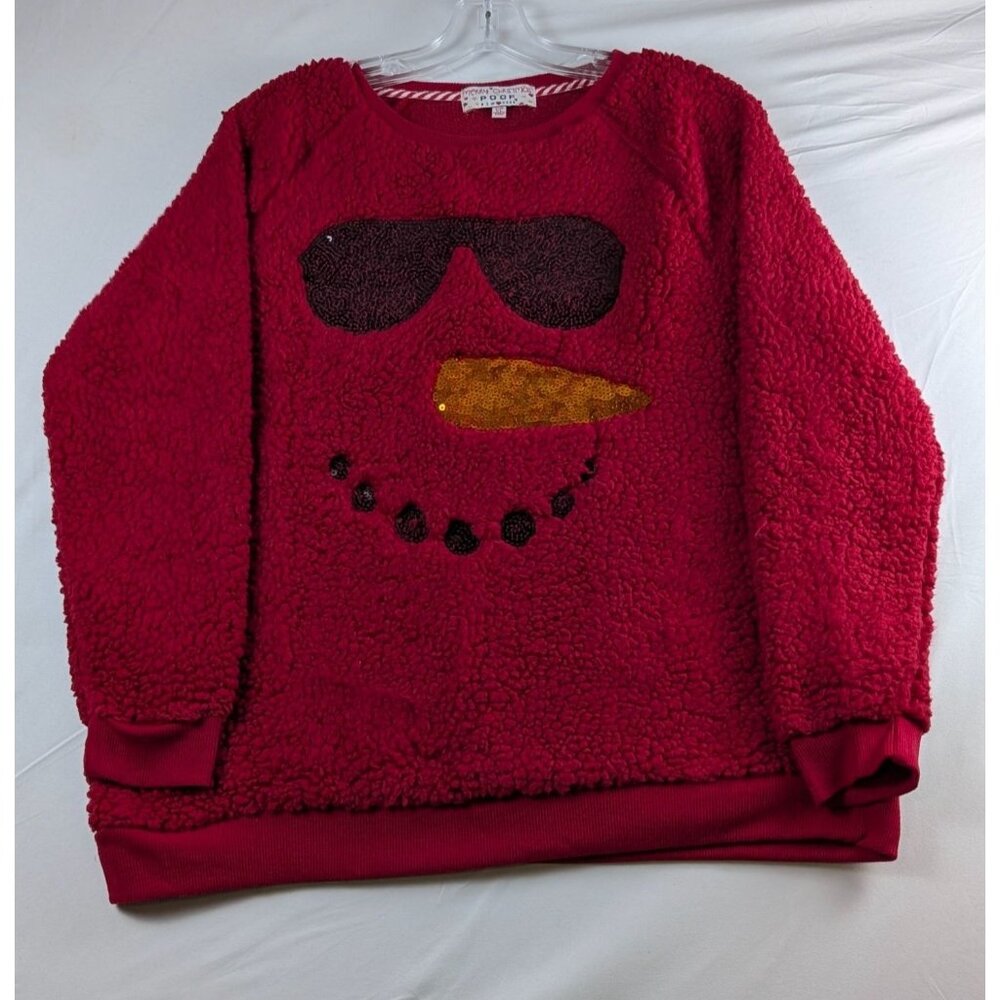 Poof New York Merry Christmas Sequin Snowman Face Sherpa Sweater‎ Womens XL Red